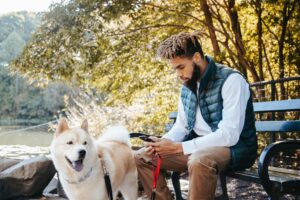 guy-sitting-with-dog-outside-on-phone