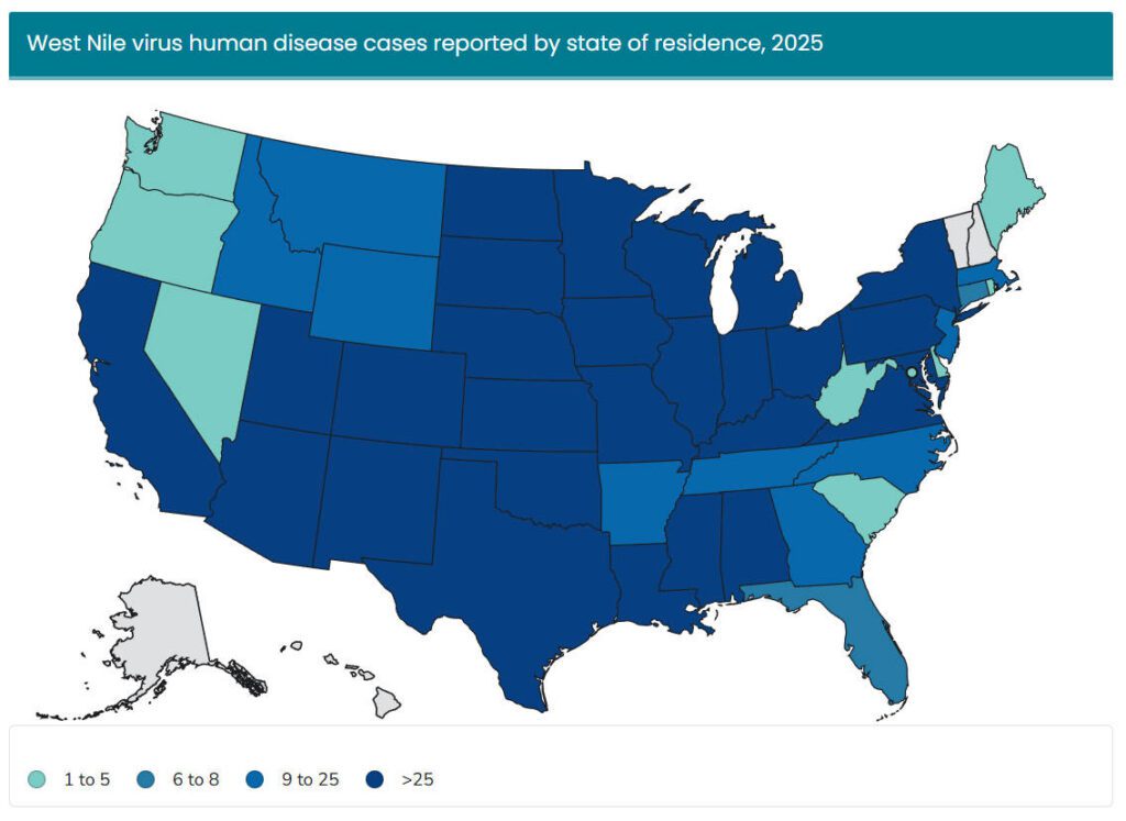 2025-west-nile-virus-human-disease-case-reported-by-state-map