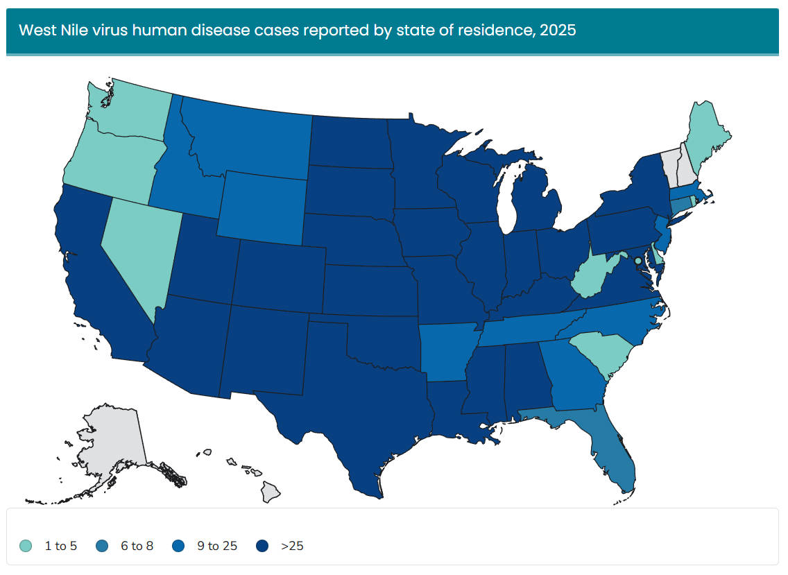 2025-west-nile-virus-human-disease-case-reported-by-state-map