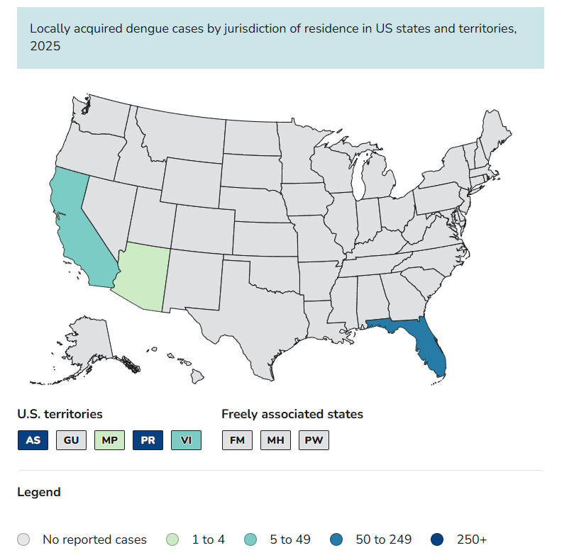 2025-dengue-human cases-locally-aquired-us-map