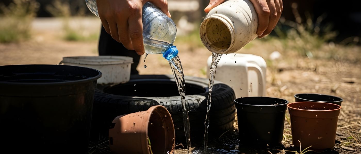 person dumping containers filled with stagnant water