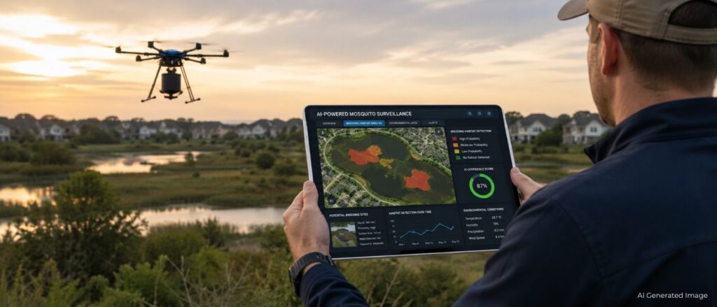 ai generated image showing a drone in the sky and a technician with a tablet showing how ai helps power mosquito surveillance - ai generated image
