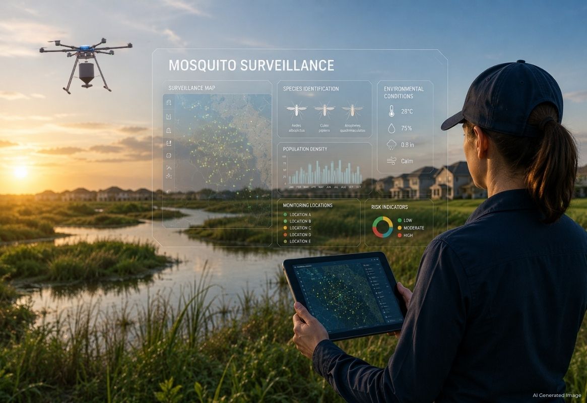 image showing a mosquito technician holding a tablet depicting a mosquito surveillance map and a drone in the sky - vdci - ai generated image